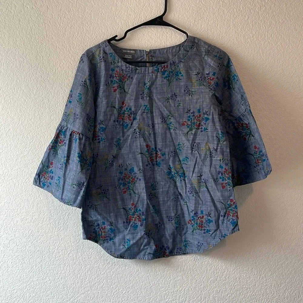 Van Heusen XS chambray with floral print bell sleeve top